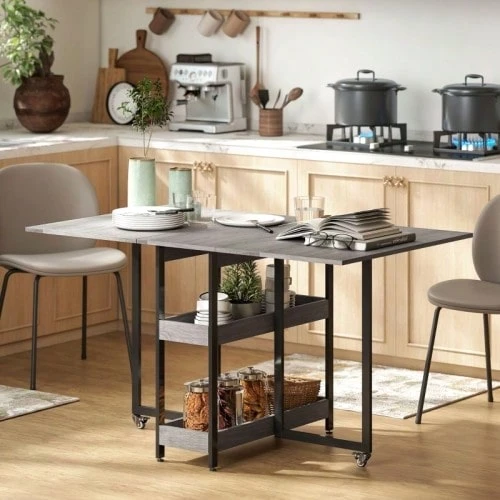 Folding Dining Table/Kitchen Table For 2-4 People With 2 Open Shelves, Portable Dining Table/Folding Table For Small Spaces, Dining Room, Kitchen, 133.4 X 80 X 75 Cm, Grey - 灰色 - 查看 1