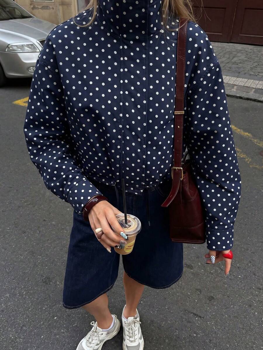 2026 Spring Women's Fashion Solid Color Polka Dot Print Zip-Up Jacket, Retro Stand Collar Elegant Ladies Baseball Uniform Street Outerwear