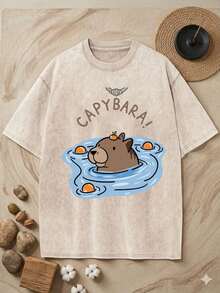 230g Pure Cotton Water-Washed Short Sleeve T-Shirt Featuring Adorable Capybara In Blue Water With Playful Brown CAPYBARA! Text - Ideal For Casual Summer Outings, Beach Days, Or Fun Gatherings - Perfect Gift For Animal Lovers, Birthdays, And Nostalgic Moments - 杏色 - 查看 1