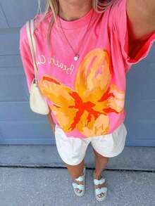 Tops Women SummerDEAR MOLLY Beach Club Swim Hibiscus Print Women T-Shirt, Cute Casual Loose Round Neck Drop Shoulder Short Sleeve T-Shirt, Suitable For Daily Fashion Leisure Ings SummerLoose And Comfortabletrending - 玫紅色 - 查看 7