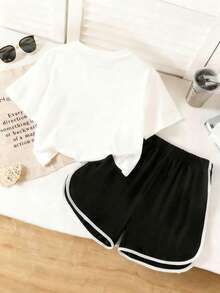 1 Set Teenage Girls' Round Neck Short Sleeve T-Shirt And Shorts Set, Printed Text Graphic Design, Comfortable Minimalist Style, Suitable For Spring And Summer - Multicolor - View 2