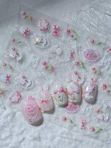 1 hoja de pegatinas de arte de uñas 3D con estilo dulce de tulipanes rosas y blancos, conejos, diseño femenino lindo con conejo, tulipán, lazo, cadena de perlas y otros elementos primaverales, adecuado para mujeres DIY - Multicolor - Ver 4