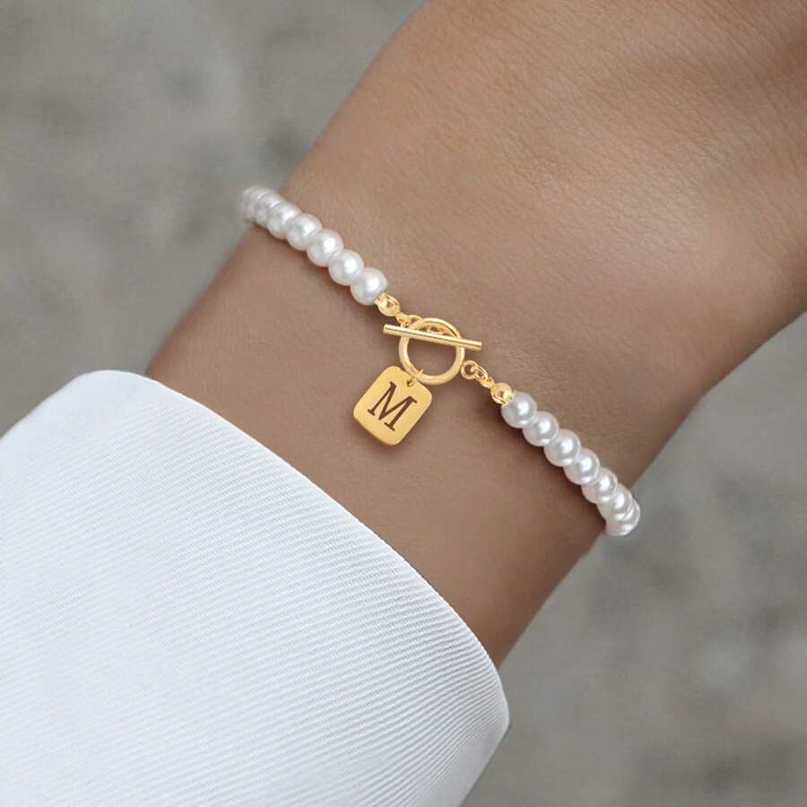 New A-Z Letter Rectangle Pendant Adjustable Pearl Beaded Bracelet, Jewelry Gift For Women - White - View 1