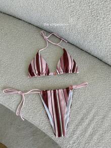 Bikinx Casual Cute Women Halter Bikini Set With Striped Pattern Backless Lace Up And Beaded Details Tie Side Bottom - Multicolor - View 2