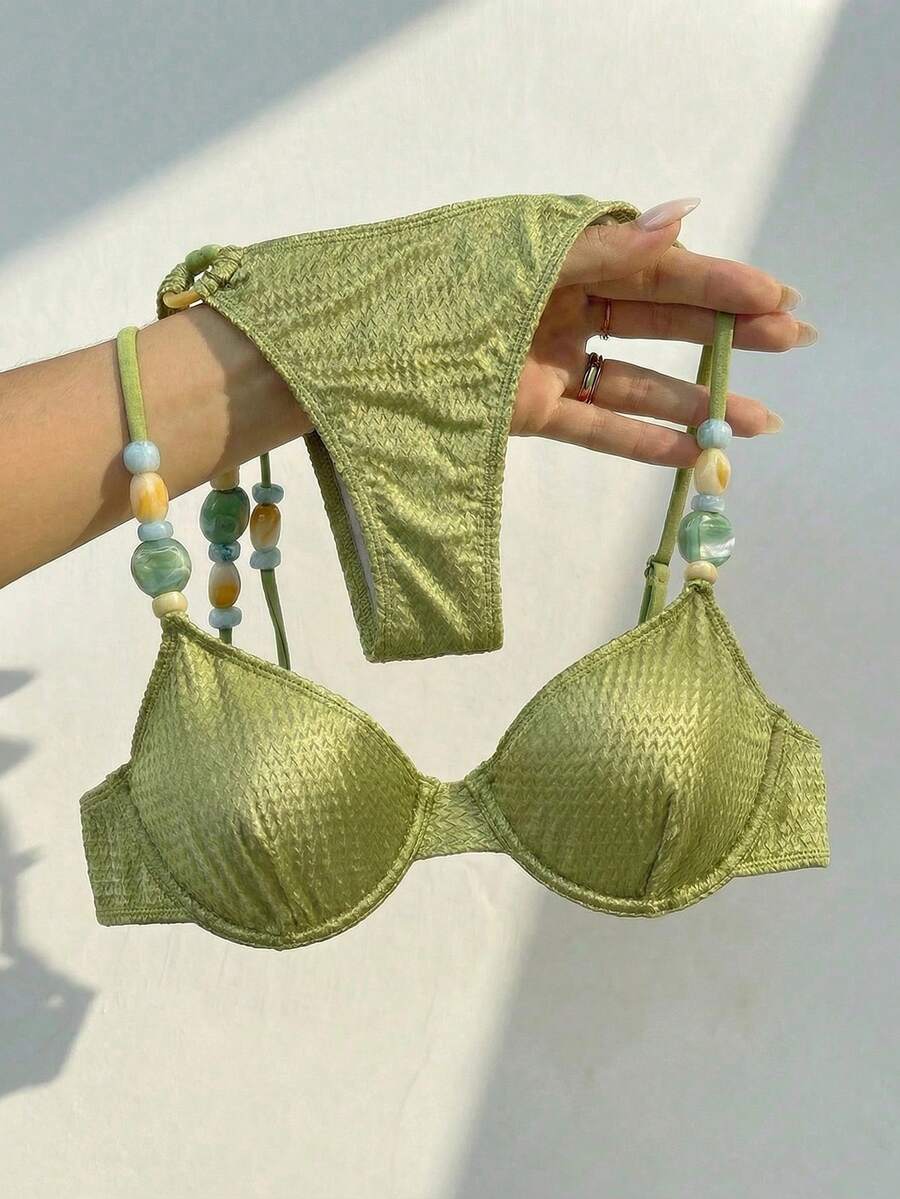 Bikinx Women's Elegant Spaghetti Strap Bikini Set With Knot And Beaded Details Backless Casual Swimsuit - 橄欖 - 查看 1