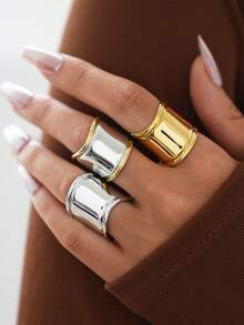 Set de 3/1 anillo de acero inoxidable grueso dorado, anillo abierto de mujer chapado en oro de 18K, joyería de declaración minimalista y audaz, anillo apilable impermeable y hipoalergénico para uso diario - Multicolor - Ver 2