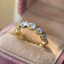 Gold-Plated Bezel-Set Blue Sparkling Moonstone Eternity Band, Delicate Stackable Women's Promise Ring - Gold - View 2