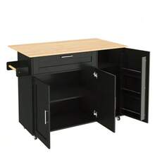 (=N635P21858284D) Large Mobile Kitchen Table 132.5*44(70)*90 Cm, Folding Top, Oak Finish, Multifunctional Cabinet, Spice Rack, Towel Rack, 5 Wheels, Suitable For Kitchen/Dining Room/Home - Black - View 11