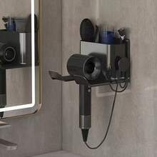 1pc Wall-Mounted Hairdryer Holder, Space-Saving Bathroom Storage Rack With Strong Adhesive, Suitable For Hairdryer, Phone, Brush, Razor, Cosmetics And More, No Installation Or Drilling Required - Multicolor - View 10