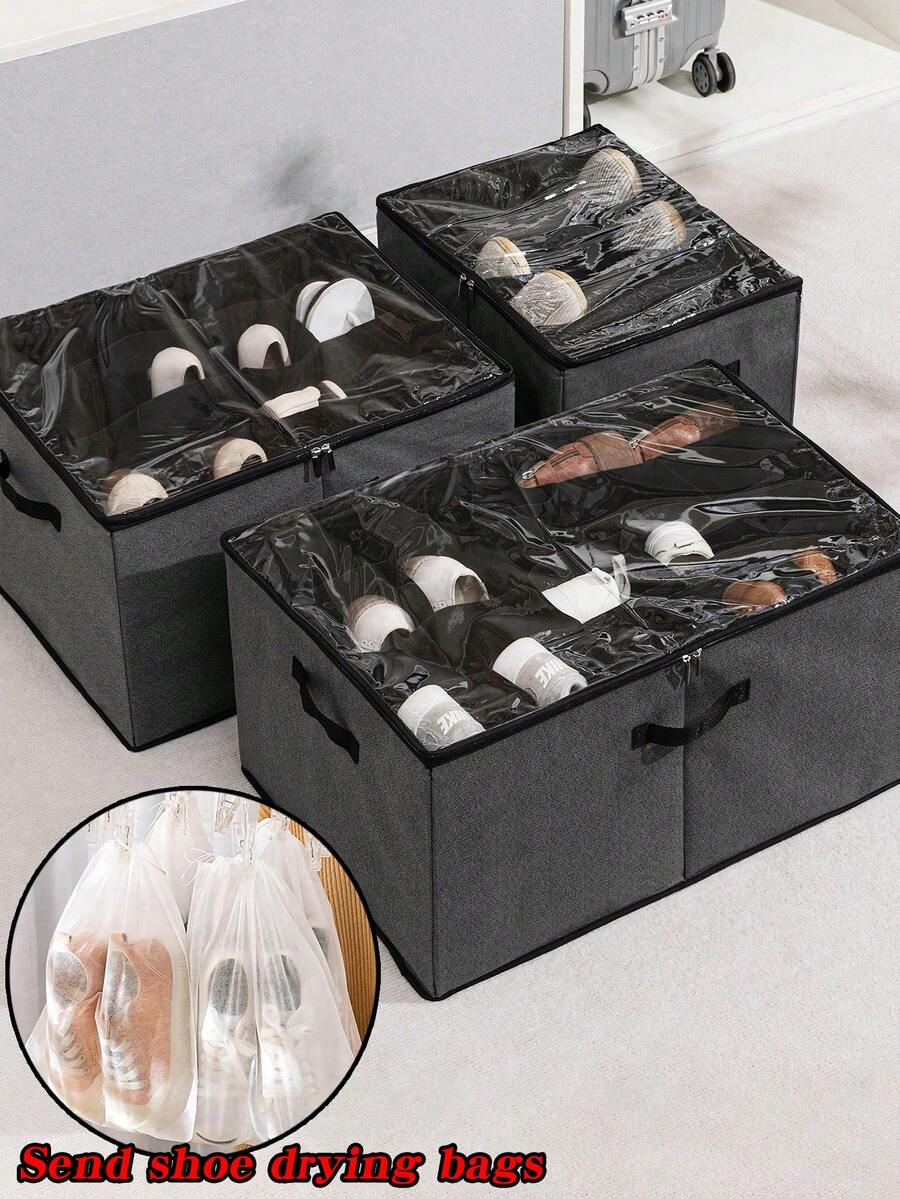 1 Set (1 Storage Box + 10 Drying Bags) Wardrobe Shoe Storage Box With 10 Sun Drying Shoe Bags, Can Accommodate Multiple Pairs Of Shoes. The Shoe Box Has A Transparent Cover, Linen Black Color, And Foldable Shoe Compartments - View 1