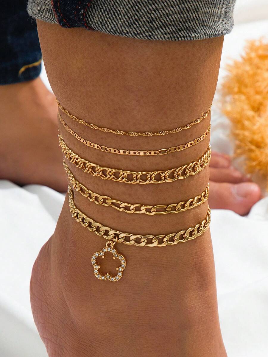 5pcs/Set Sweet Hollow Clover Pendant Gold Chain Anklets, Summer Beach Vacation Accessories For Women - Yellow Gold - View 1
