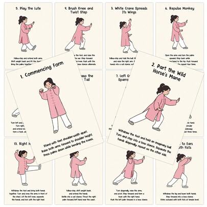 24pcs Tai Chi Guide Cards, Illustrated Tai Chi Learning Cards With Step-By-Step Instructions - Easy-To-Follow Visual Guide For Daily Practice And Stress Relief, Perfect For Seniors & Beginners