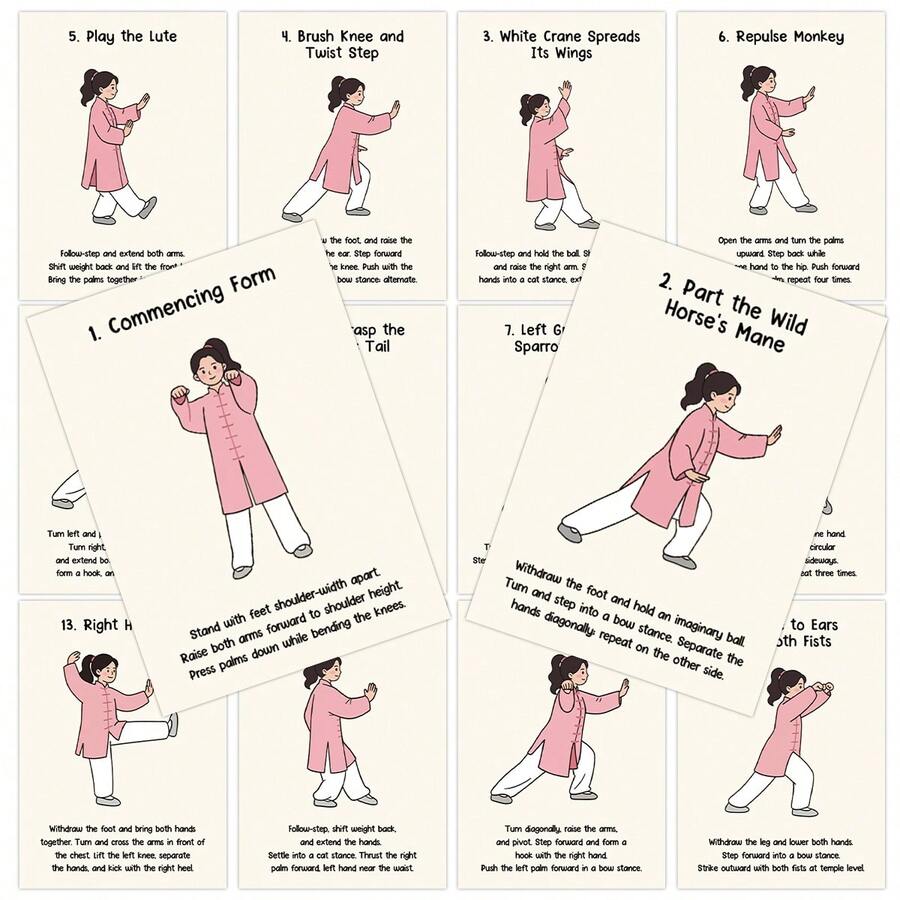 Conjunto de 24 Cartões Guia de Tai Chi, Cartões de Aprendizagem de Tai Chi Ilustrados com Instruções Passo a Passo - Guia Visual Fácil de Seguir para Prática Diária e Alívio do Estresse, Perfeito para Idosos e Iniciantes - Multicolorido - Ver 1