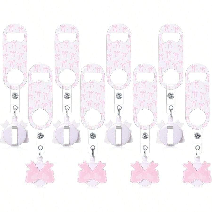 Honoson 8 Pieces Retractable Flat Bottle Opener Bartender Beer Opener With Round Badge Reel Clips Holder Bar Keys Bartender Gifts Kitchen Home Party Supplies (Bow, Pink) - Bow + Pink + 16 - View 1
