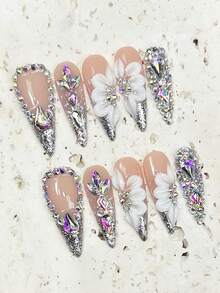 10Pcs Handmade Press On Nails Long Nails Long Stiletto Press On Nails Press On Nails Acrylic Fake Nails Nails Nails Press On Nail Y2K Goth Cute Style Nude Pink With Silver Glitter Gradient Nails, 3D White Flower Charms, AB Rhinestone & Asymmetric Gem Nail Charms Glossy Shiny Finish Reusable Easy To Apply Luxurious Bling Nail Art Nail Tips - Multicolor - View 5