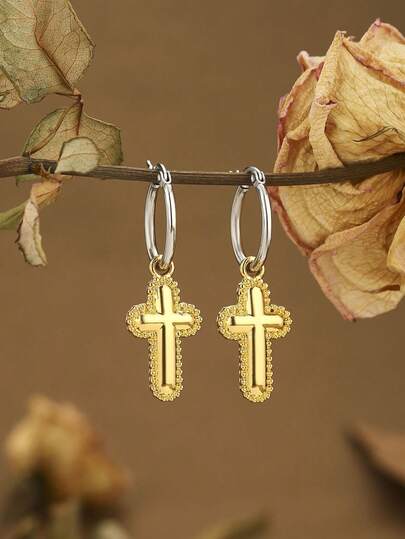 一对优雅合金十字耳环，奢华法式风格耳环，适合女性佩戴。