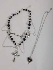 2pcs Gothic Layered Cross Necklace, Faux Pearl Tassel Choker Necklace, Rose Thorn Cross Pendant Punk Layered Sweater Chain Necklace Set For Women - 黑色 - 查看 3