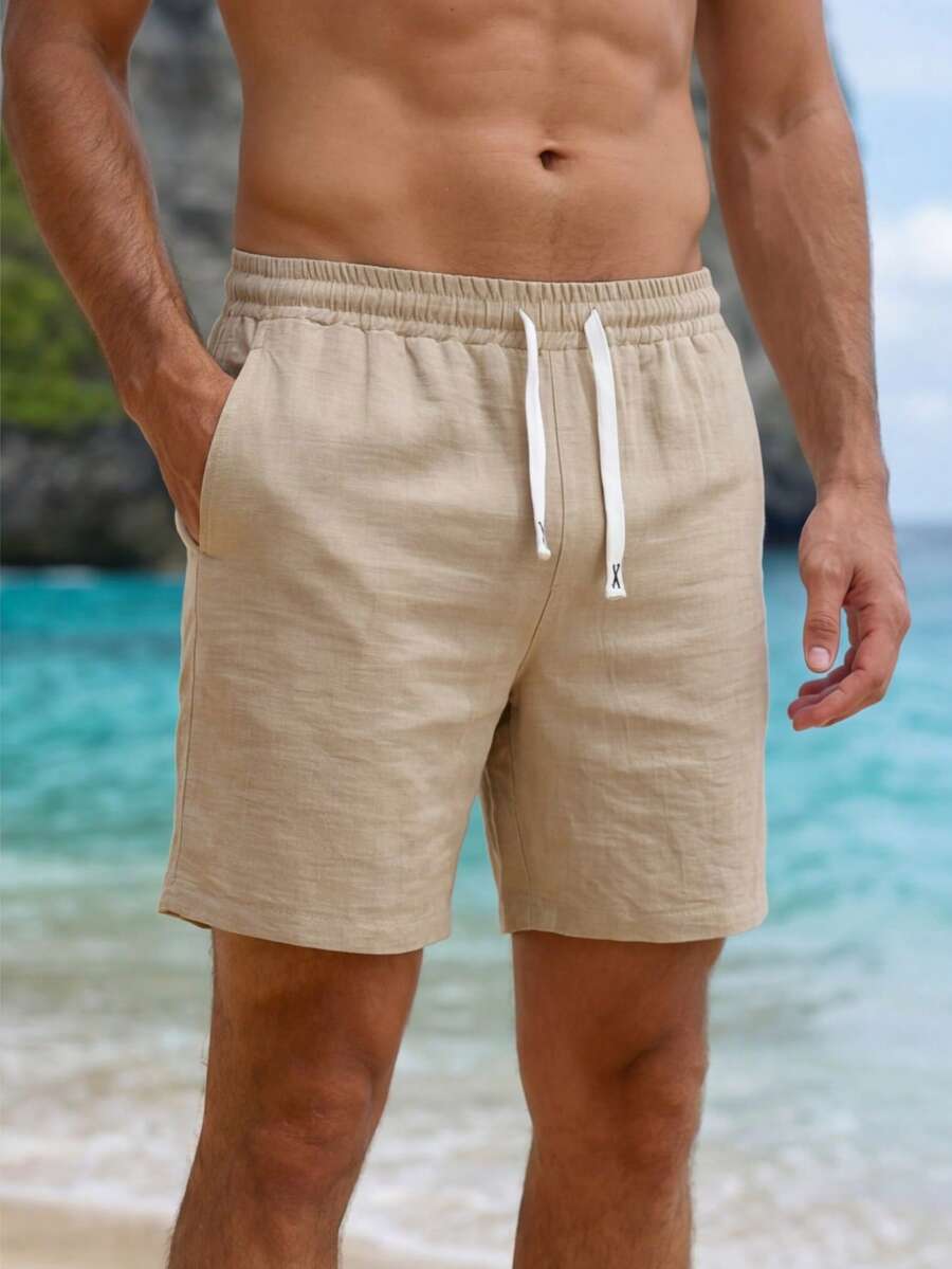 Men's Casual Drawstring Solid Color Shorts, Suitable For Summer Daily And Beach Vacation - Khaki - View 1