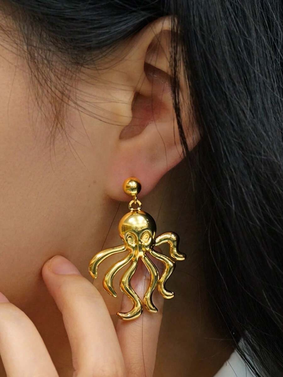 1 par de pendientes colgantes de acero inoxidable chapado en oro con estilo oceánico - Pendientes hipoalergénicos y resistentes al sudor de acero inoxidable con colgantes de estrella, concha y pulpo, adecuados para regalos de vacaciones de verano, 4 de julio y Día de la Madre - Multicolor - Ver 1