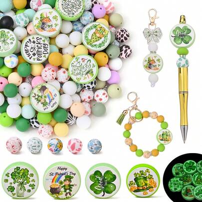 38pcs Lucky Four-Leaf Clover Silicone Bead Set, St. Patrick's Day Beads, Four-Leaf Clover/Coin/Hat Print Beads, DIY Bracelets, Necklaces, Bag Charms, Keychains And Other Craft Projects, Holiday Gifts