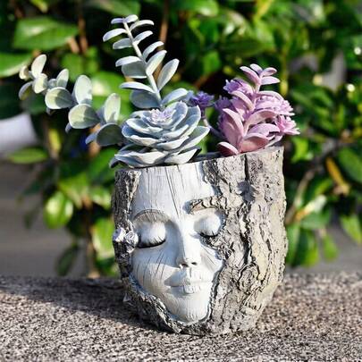A Resin Girl Flower Pot That's Perfect For Home And Garden Decoration. It Features A Rustic Wooden-Textured Design And An Irregular Shape, Making It Suitable For Both Indoor And Outdoor Use. It Can Also Be Used As A Plant Pot. Additionally, It Serves As A Decorative Item With A Textured Surface In A Rustic Style, Ideal For Gardening Decorations.