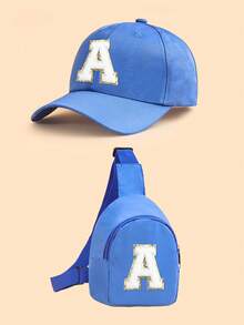 2 piezas Conjunto de gorra de béisbol con 26 letras y bolso bandolera para niños, gorra de sol azul ajustable + bolso de pecho casual, adecuado para uso diario - Azul - Ver 15