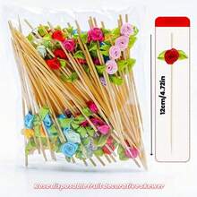 20/50/100 piezas Palillos con forma de flor de rosa de bambú, de 4.7 pulgadas de largo, elegantes palillos de bambú, adecuados para aperitivos, pinchos de fruta, decoraciones de boda, fiestas del Día de San Valentín, alimentos, bebidas y pinchos de fruta, ceremonias de graduación del Día de la Madre y otras ocasiones. - Blanco - Ver 4