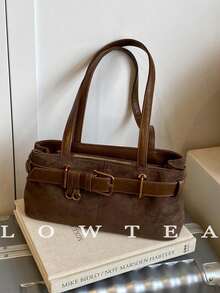 1pc Low Tea Solid Color Suede Fabric Shoulder Bag, Women's Retro Fashion Square Shoulder Bag With Top Double Handles, Zipper Closure, Suitable For Travel, Shopping, Dating, Women's Gift, Great For Commuting, Outdoor, Travel, Hiking , Office Bag , Valentines Gifts - 咖啡 - 查看 1