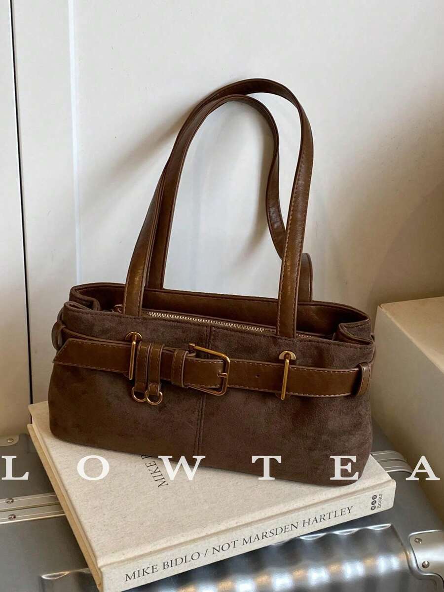 1pc Low Tea Solid Color Suede Fabric Shoulder Bag, Women's Retro Fashion Square Shoulder Bag With Top Double Handles, Zipper Closure, Suitable For Travel, Shopping, Dating, Women's Gift, Great For Commuting, Outdoor, Travel, Hiking , Office Bag , Valentines Gifts - 咖啡 - 查看 1