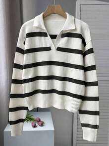 FOR BEAUTY Spring/Summer New Retro Striped Contrast Color Half-Zip Polo Collar Long Sleeve Knit Sweater, Women, Fashionable Loose Vintage Style Graduation Season Knit Top Pullover, New Year Women Clothing Casual - 和黑色 - 查看 13