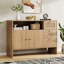 Dining Room Cabinet, Kitchen Cabinet, Living Room Cabinet, Two-Door And Three-Drawer Model, Gold Rattan Handles, Kitchen Buffet Cabinet/Wooden Drawers, Dimensions: 105 X 40 X 76 Cm. - Khaki - View 1