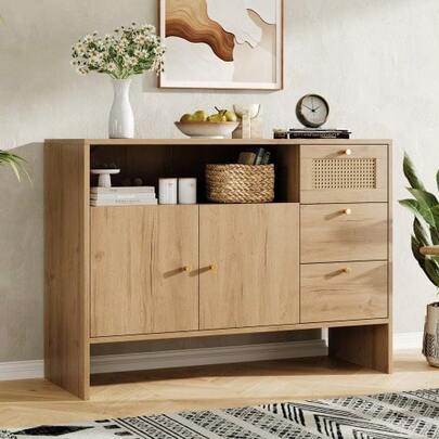 Dining Room Cabinet, Kitchen Cabinet, Living Room Cabinet, Two-Door And Three-Drawer Model, Gold Rattan Handles, Kitchen Buffet Cabinet/Wooden Drawers, Dimensions: 105 X 40 X 76 Cm.