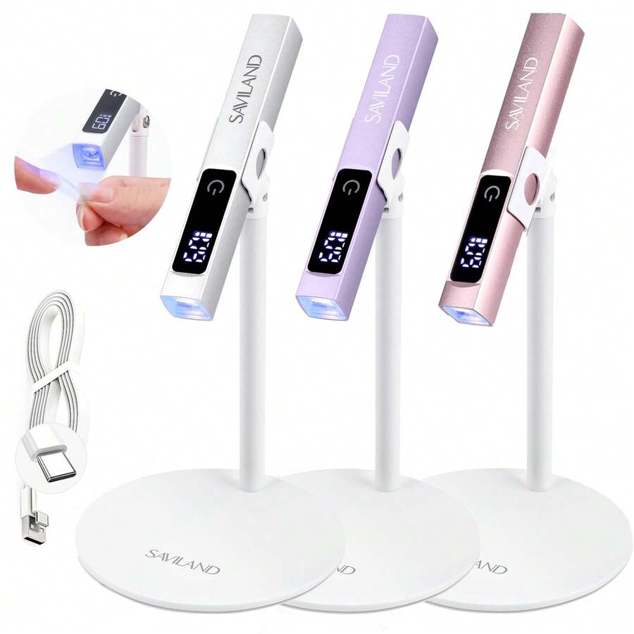 SAVILAND Handheld U V Light For Gel Nails: Magnetic Stand & 10S Flash Cure Mini Nail Light 3-Timer Modes Portable LED Nail Lamp Nail Dryer Cordless Gel Lamp LCD Screen Home DIY Manicure Purple - 紫色 - 查看 1