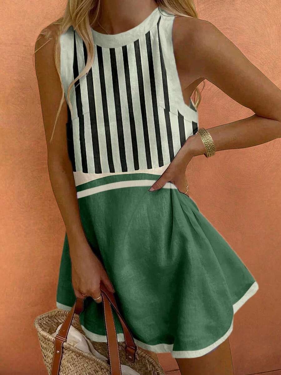 女士休闲度假风海洋主题彩色鱼字母印花无袖吊带裙，春夏优雅款 - 彩色 - 查看 1