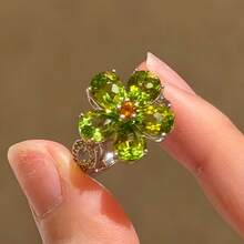 奢华镀白金优雅橄榄绿锆石四叶草可调节时尚戒指，女士款 - 綠色 - 查看 1