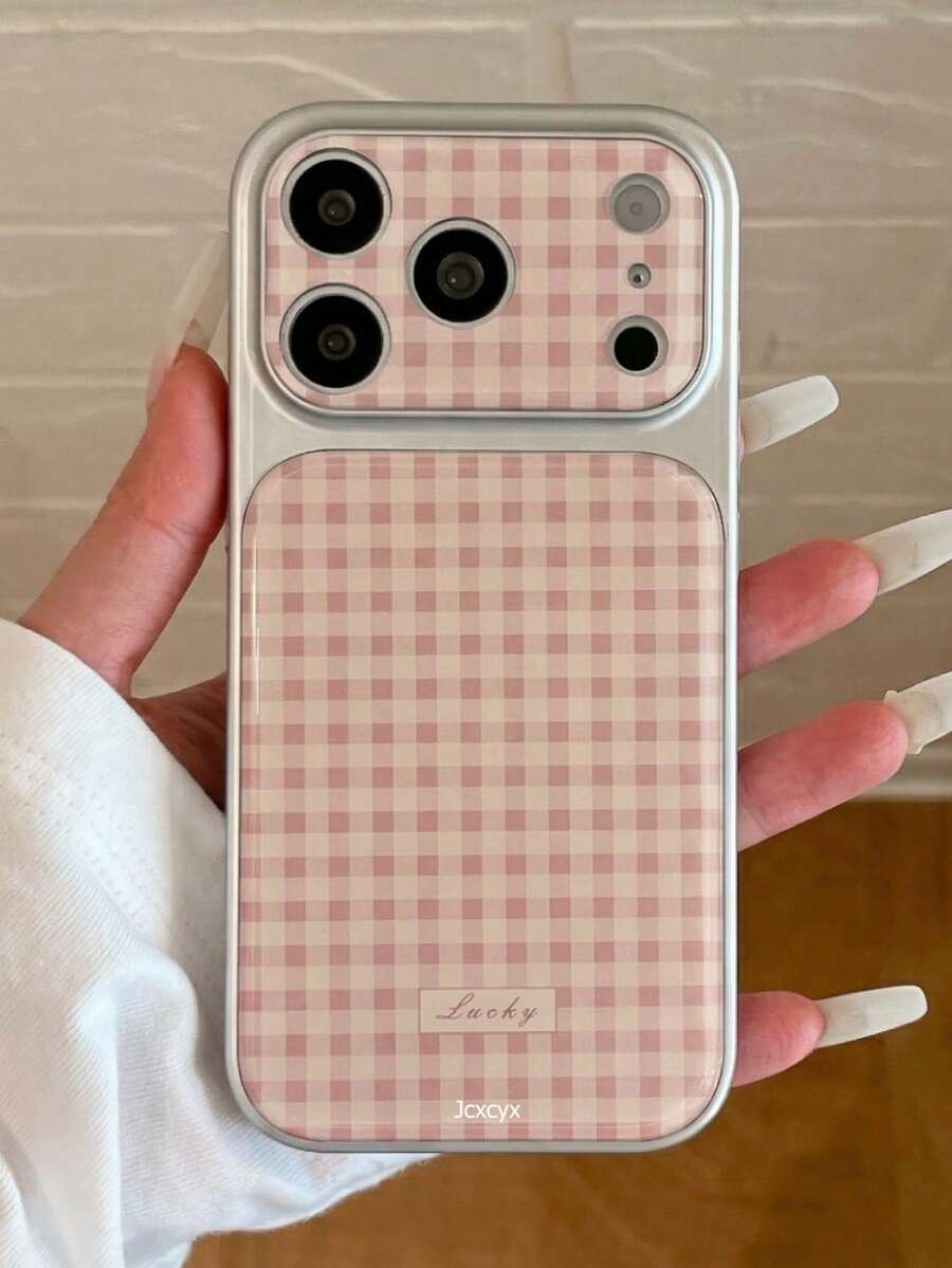 1個 春季綠色粉色格紋電鍍邊框可愛夏季手機殼 適用於 iPhone 17 16 15 14 Pro Max 柔軟矽膠背蓋 - 粉色 - 查看 1