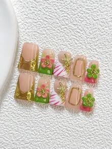 10Pcs Exquisite Fairy Style Handmade Press On Nail,Polygel Nail Set,Golden Starfish,Pink Five Petaled Flower,Gold And Green Nail Polish,Summer Vacation Style,Includes Nail Tools,3 Sizes Available,Almond,Duck,Coffin Nails For Party,Dance,Daily Wear. - 彩色 - 查看 18
