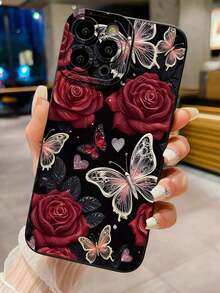 1 pieza de funda para teléfono a prueba de golpes con diseño de rosa y mariposa compatible con Apple, /Galaxy, Infinix, Redmi, OPPO, VIVO, Realme, teléfonos móviles, bolsos, accesorios para móviles, fundas para teléfonos, decoración de interiores, accesorios, fundas transparentes para teléfonos, verano, correas para teléfonos, fundas para teléfonos de hombre, fundas negras para teléfonos, fundas rosas para teléfonos, funda para móvil para hombre, funda para móvil para mujer, protección para teléfonos móviles, accesorios de playa, regalos de fresa, cubiertas protectoras para teléfonos. - Estilo (1 pieza) - Ver 1