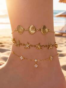3pcs Gold Ocean Theme Anklet Set, 304 Stainless Steel Shell & Starfish Anklets, Waterproof Multi-Layer Anklets, Women Beach Holiday Party Accessories - Gold - View 1