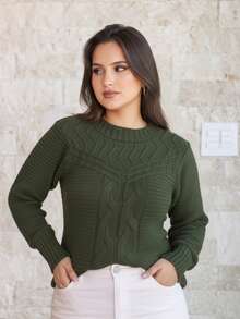 Women's Cold Warm Blouse Knitted Winter Sweater Tricot Details Braids Fashion Blogger - xanh quân đội - Xem 8