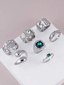 7pcs Asymmetrical Rhinestone Inlaid Open Ring Set, Large Imitation Gemstone Rings, Suitable For Women's Daily, Date, Party, Music Festival Stacking Wear - Silver - View 5