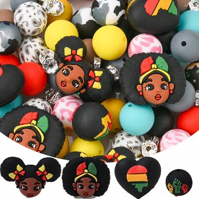 15pcs Juneteenth Silicone Bead Set, Red Yellow Green African Map/Fist Pattern Beads, Suitable For Holiday Decoration DIY Jewelry Making Bracelets Necklaces Beading Pens Phone Charms Keychains Bag Accessories Crafts As Commemorative