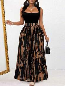 Women's And Elegant One-Piece Jumpsuit With Shoulder-To-Waist High-Rise And Wide With Color Contrast Printed Stripes And Elegant Sleeveless Design Jumpsuit Summer Vacation - 咖啡棕 - 查看 4