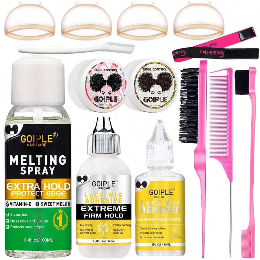 Goiple Waterproof Lace Glue Kit Wig Lace Bond Melting Spray Extra Hold For Lace Front Glueless Adhesive,Includes Lace Melting And Holding Spray,Wig Glue,Adhesive Remover,Rat Tail Comb, Double Sided Brush,Eyebrow Trimmer,Elastic Hair Band,HD Wig Caps - 13pcs-100ml - 查看 1