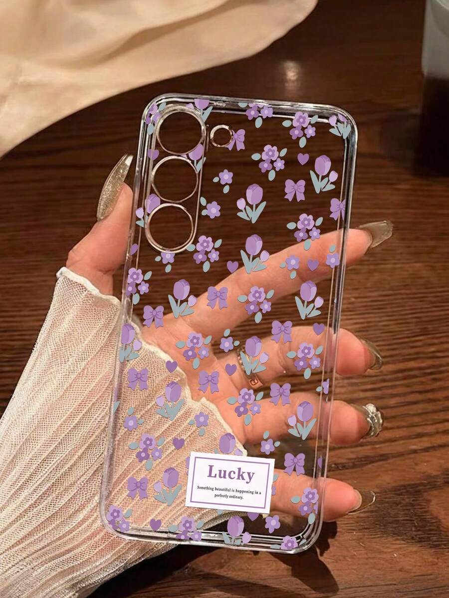 Ốp lưng điện thoại mềm mại hình trái tim hoa tulip tím thắt nơ, tương thích với Honor, Galaxy A04e/12/A13/A14/A34/A50/A52/A53/A54/S21/S22/S23/S24/S25/S25Ultra/S25FE/S26/S26 PLUS/S26 ULTRA/S26 EDGE, 6A/7A/8A, 12T/13T/15T/15T Pro - Trong sáng - Xem 1