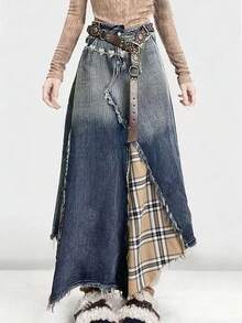 ARWY Y Women's A-Line Denim Maxi Skirt, Classic Washed Pleated Design With Raw Edge Button Decor, Casual Elegant Style - Medium Wash - View 1