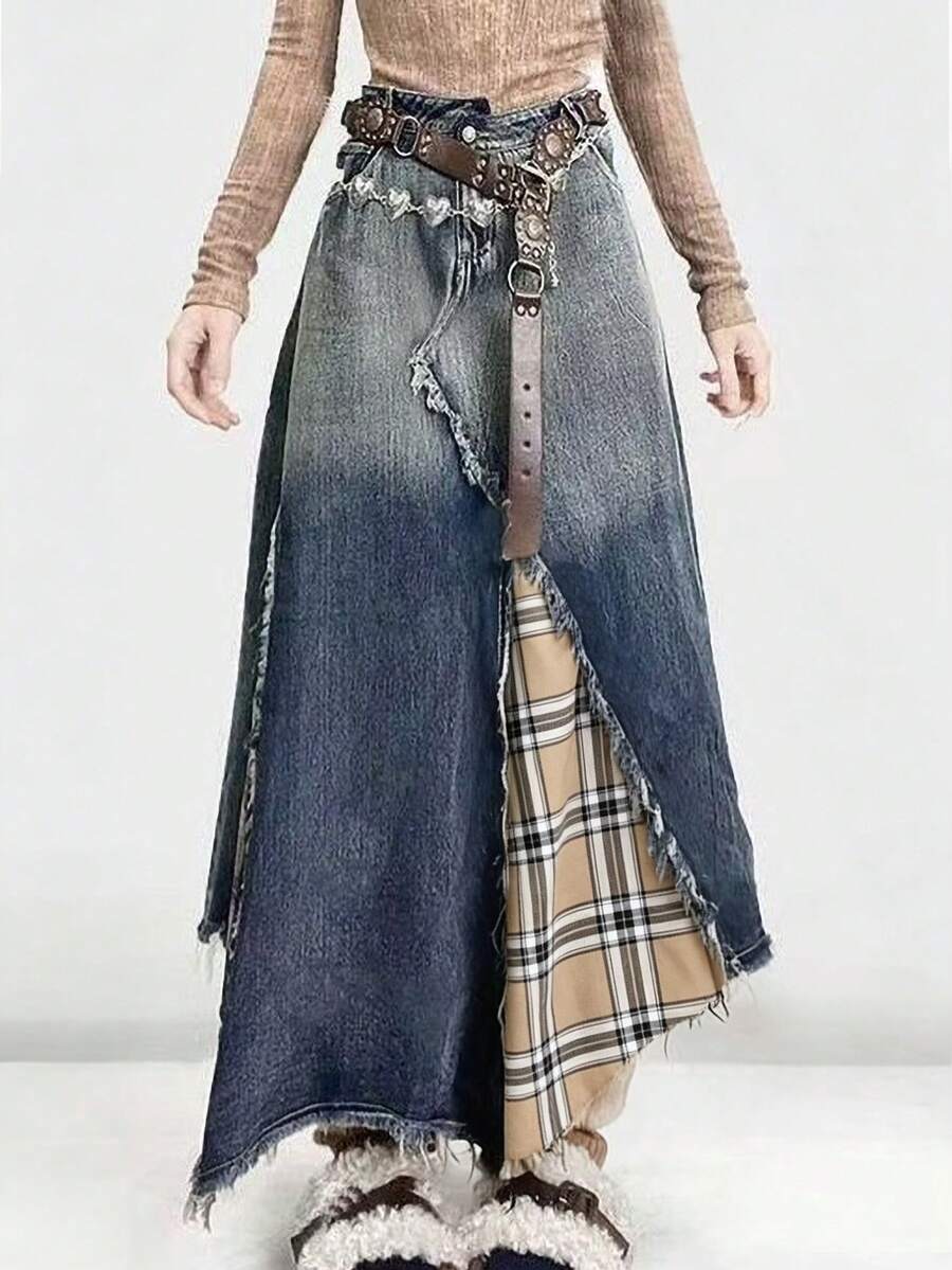 ARWY Y Women's A-Line Denim Maxi Skirt, Classic Washed Pleated Design With Raw Edge Button Decor, Casual Elegant Style - Medium Wash - View 1