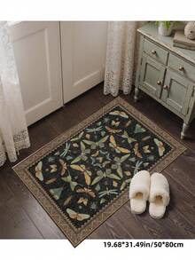 1pc Butterfly Style Bohemian Paris Garden Printed Carpet, Suitable For Living Room, Bedroom, Dining Room, Dorm, Office And Other Home Decor, Non-Slip Vintage Farmhouse Style Rug - Black - View 2