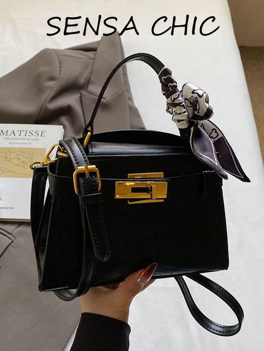This Fashionable Women's Handbag Is Made Of Waterproof PU Material, Compact And Exquisite, With A Twist-Lock Design, Can Be Worn Crossbody, Comes With A Long Shoulder Strap, Exuding A Retro Elegant Vibe. Suitable For Travel, Shopping, Commuting To Work, Attending Parties, School Celebrations, And Your Favorite Holiday Events. - Black - View 1