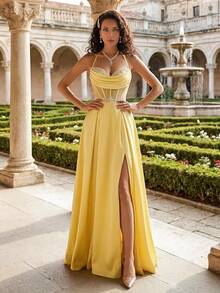 Đầm dạ hội cao cấp kiểu Baroque mới, chất liệu satin, dây mảnh, dáng đuôi cá, thích hợp làm đầm phù dâu kiểu Pháp, đầm dự tiệc, đầm dạ tiệc mùa xuân và đám cưới. - Màu vàng - Xem 8